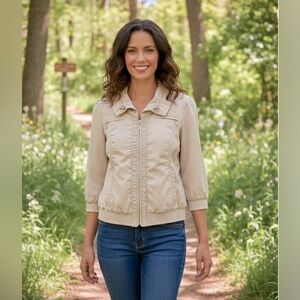 WHBM Tan Lightweight Jacket 3/4 Sleeves Full Zip White House Black Market Size 8